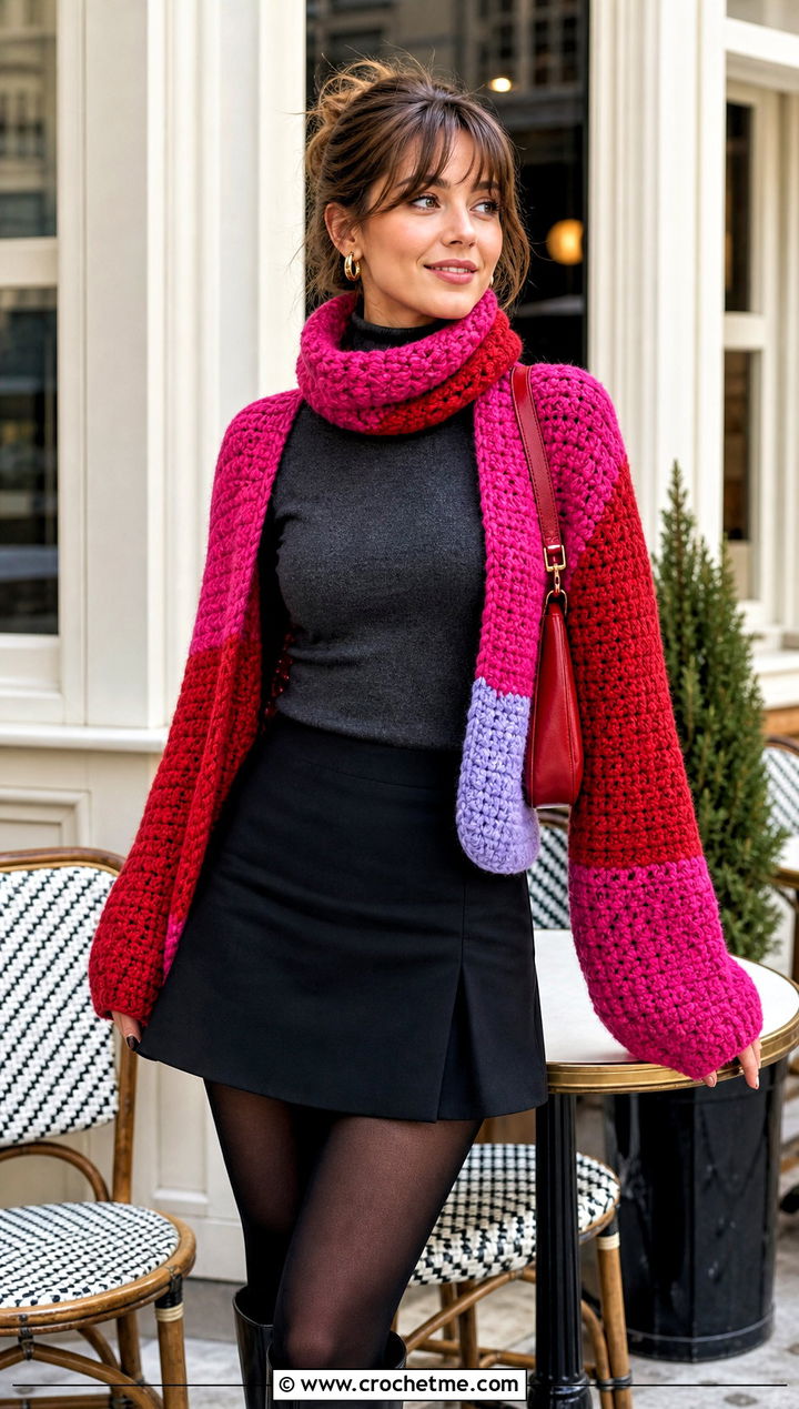 Color Block Scarf With Sleeves And Mini Skirt - 15 Crochet For Scarf With Sleeves outfit ideas