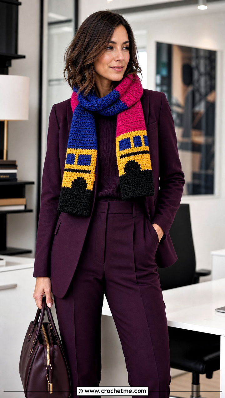 Color Block School Bus Scarf With Monochrome Suit - 25 Crochet School Bus Scarf outfit ideas