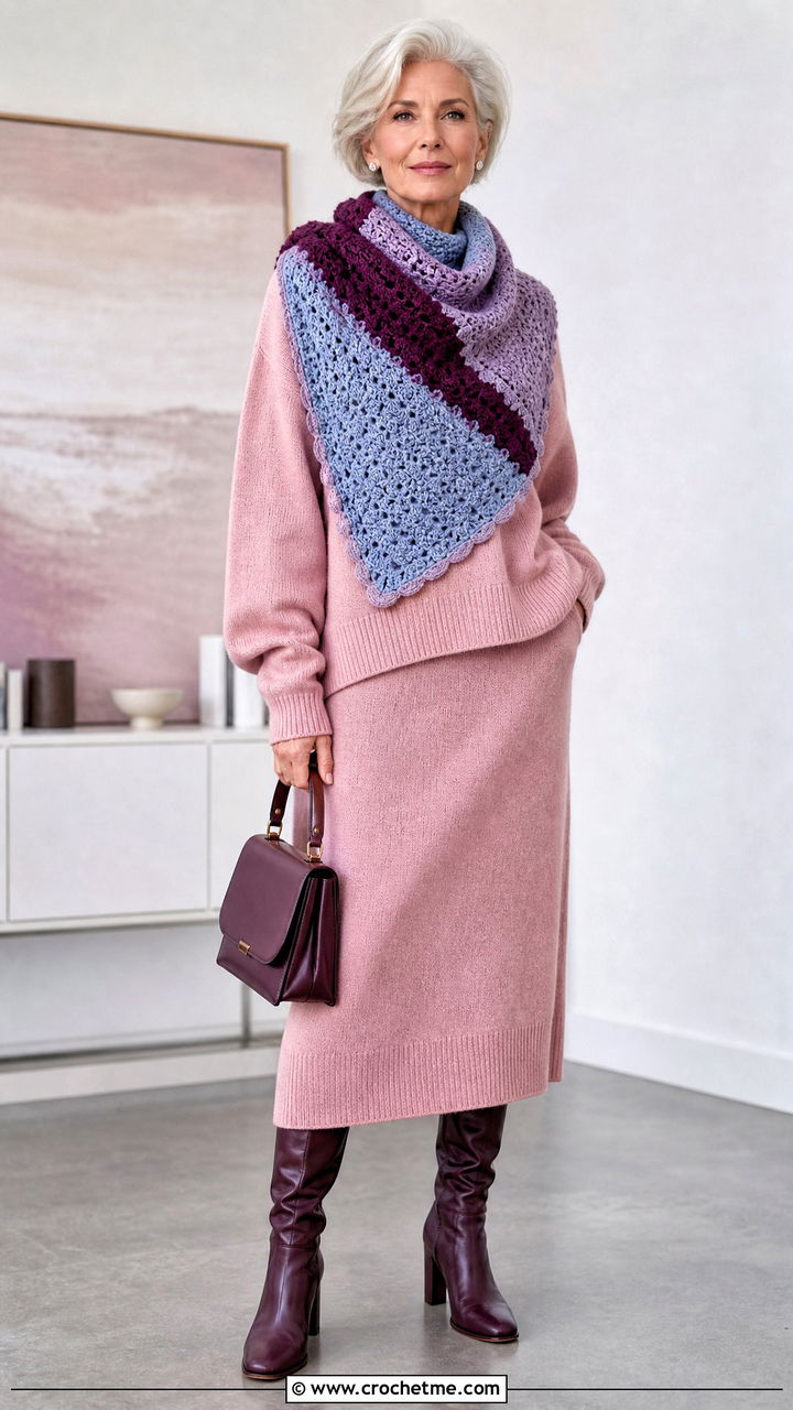 Color Block Scoodie With Monochrome Knit Set - 35 crochet hooded scarf outfit ideas