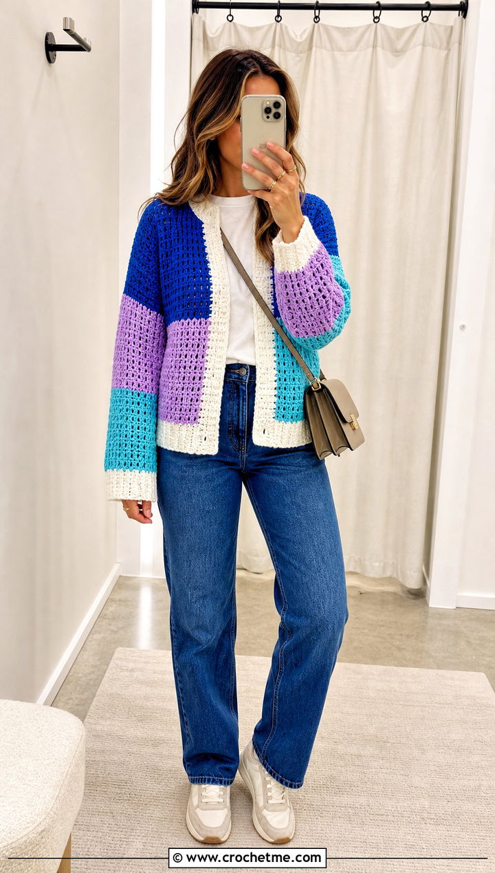 Color Block Scrap Cardigan With Matching Denim - 15 Crochet Scrap Cardigan outfit ideas