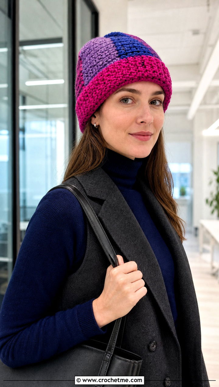 Color Block Scrap Yarn Crochet Beanie With Long Vest - 30 scrap yarn crochet beanie outfit ideas