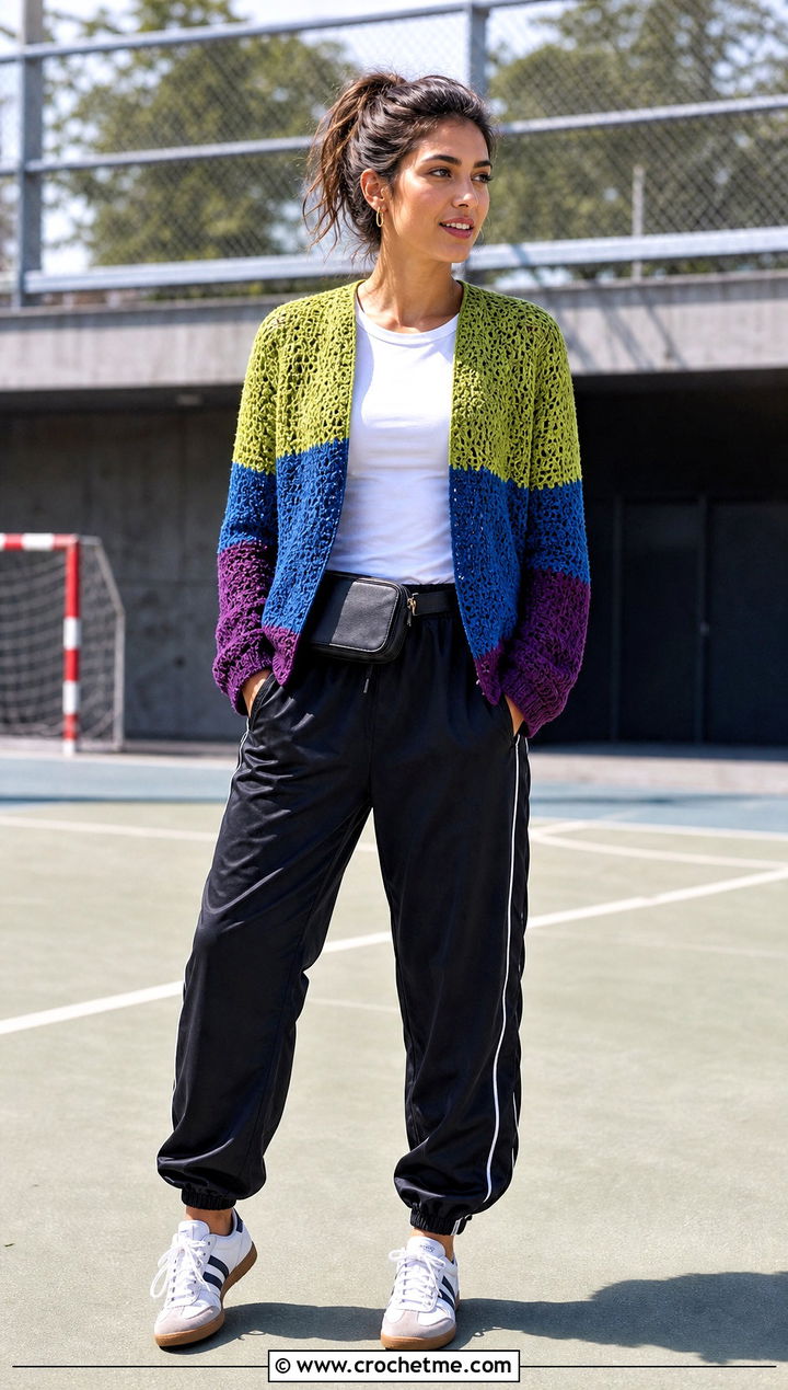 Color Block Seamless Crochet Cardigan With Track Pants - 25 Crochet Seamless Cardigan outfit ideas