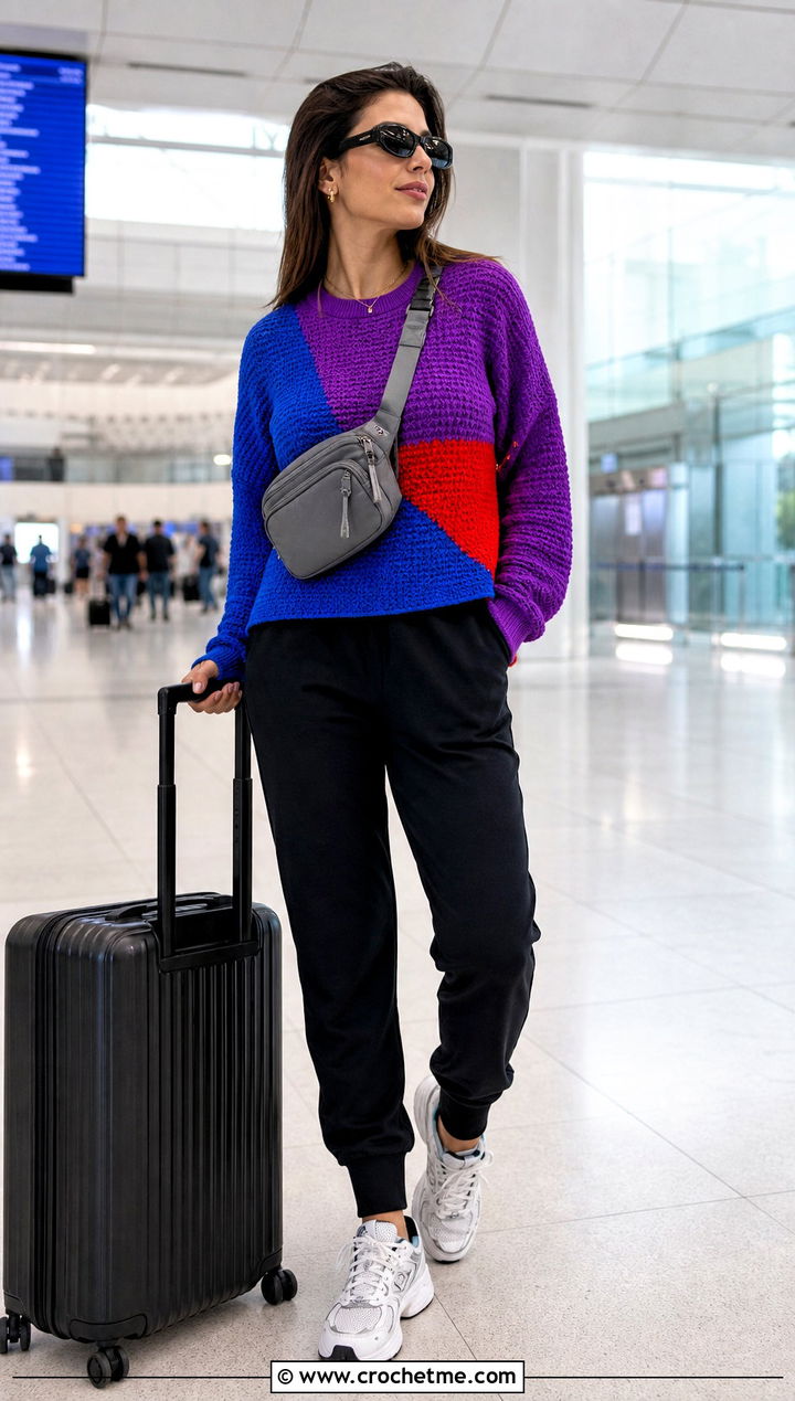 Color Block Seamless Crochet Sweater With Track Pants - 25 Seamless Crochet Sweater outfit ideas
