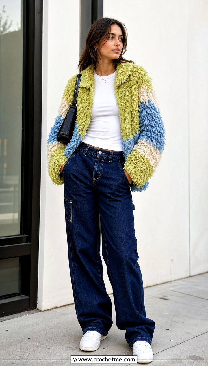 Color Block Shag Crochet Fur Jacket With Carpenter Jeans - 30 crochet fur jacket outfit ideas