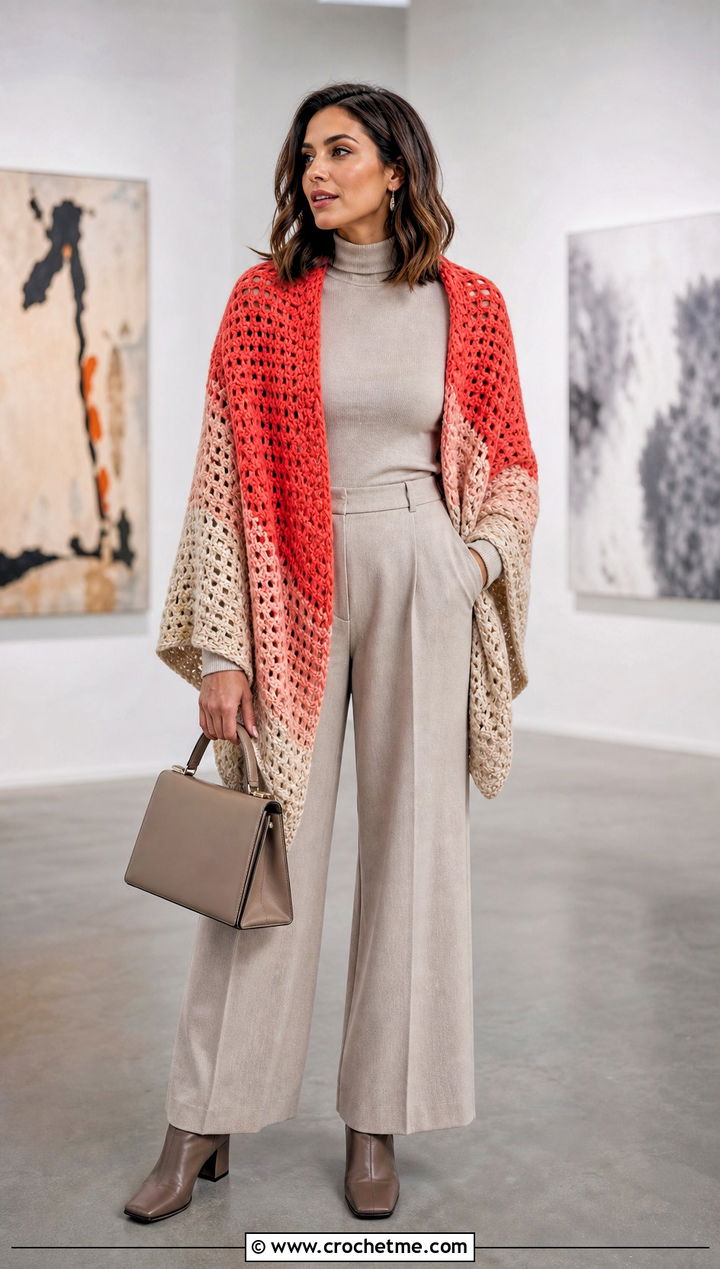 Color Block Shawl With Monochrome Separates - 15 Lion Brand Crochet Shawl In A Ball outfit ideas