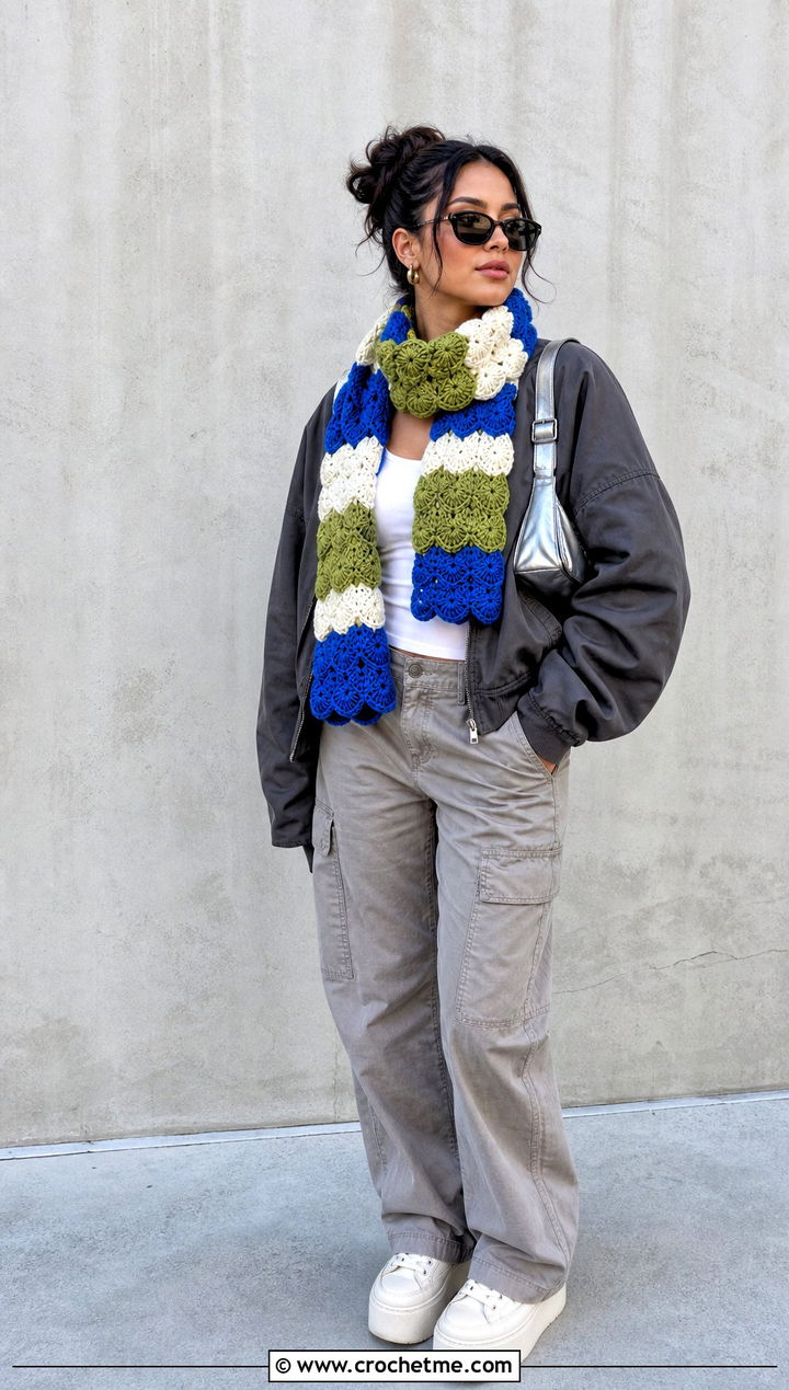 Color Block Shell Crochet Scarf With Streetwear - 20 Shell Crochet Scarf outfit ideas