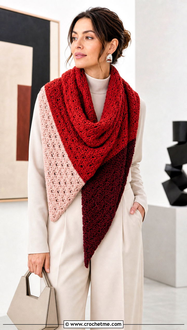 Color Block Shell Scarf With Monochrome Outfit - 25 crochet shell scarf outfit ideas