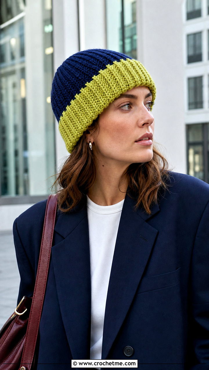 Color Block Short Row Beanie With Blazer And Jeans - 25 Crochet Short Rows Hat outfit ideas