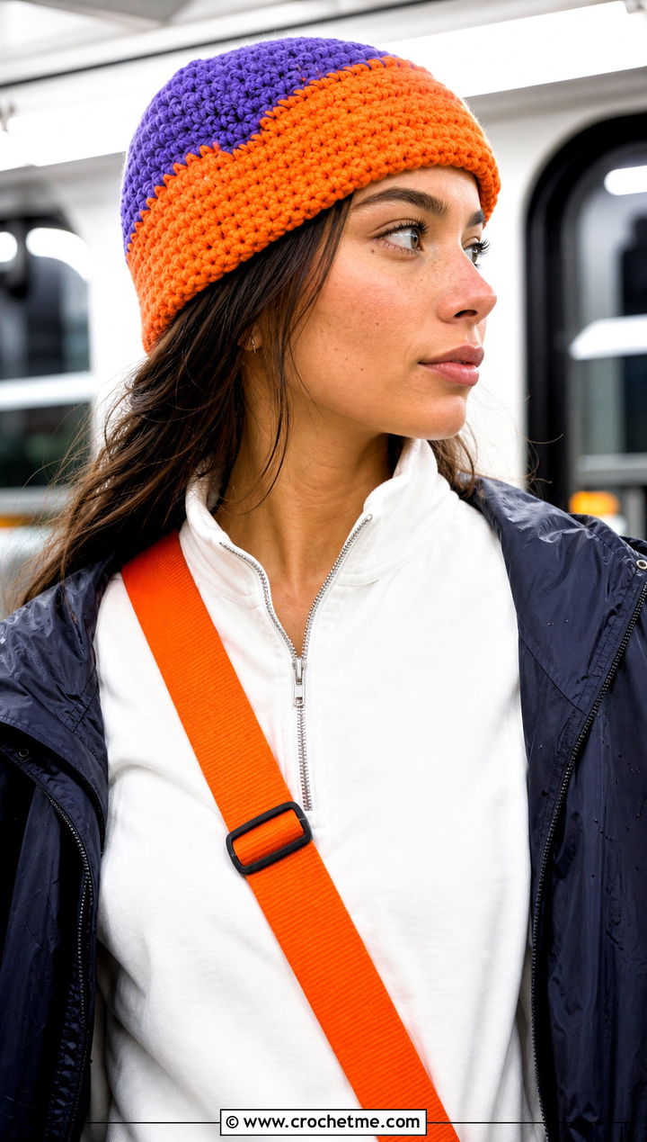Color Block Short Row Crochet Hat With Track Pants - 25 short row crochet hat outfit ideas