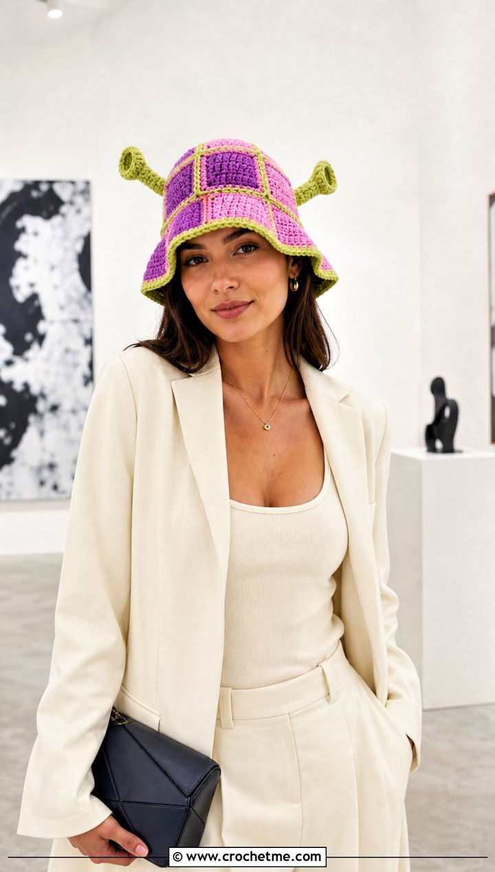 Color Block Shrek Crochet Bucket Hat With Monochrome Pantsuit - 25 shrek crochet bucket hat outfit ideas