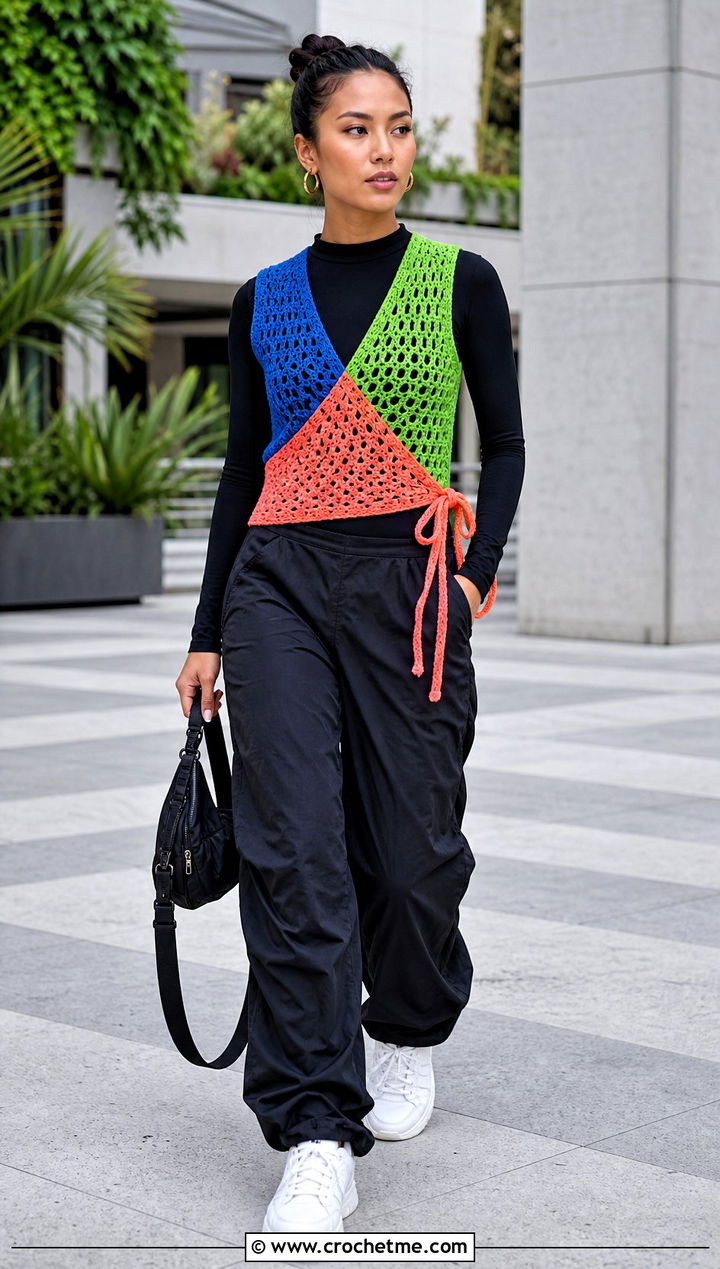 Color Block Side Tie Crochet Vest With Parachute Pants - 30 crochet vest tie sides outfit ideas