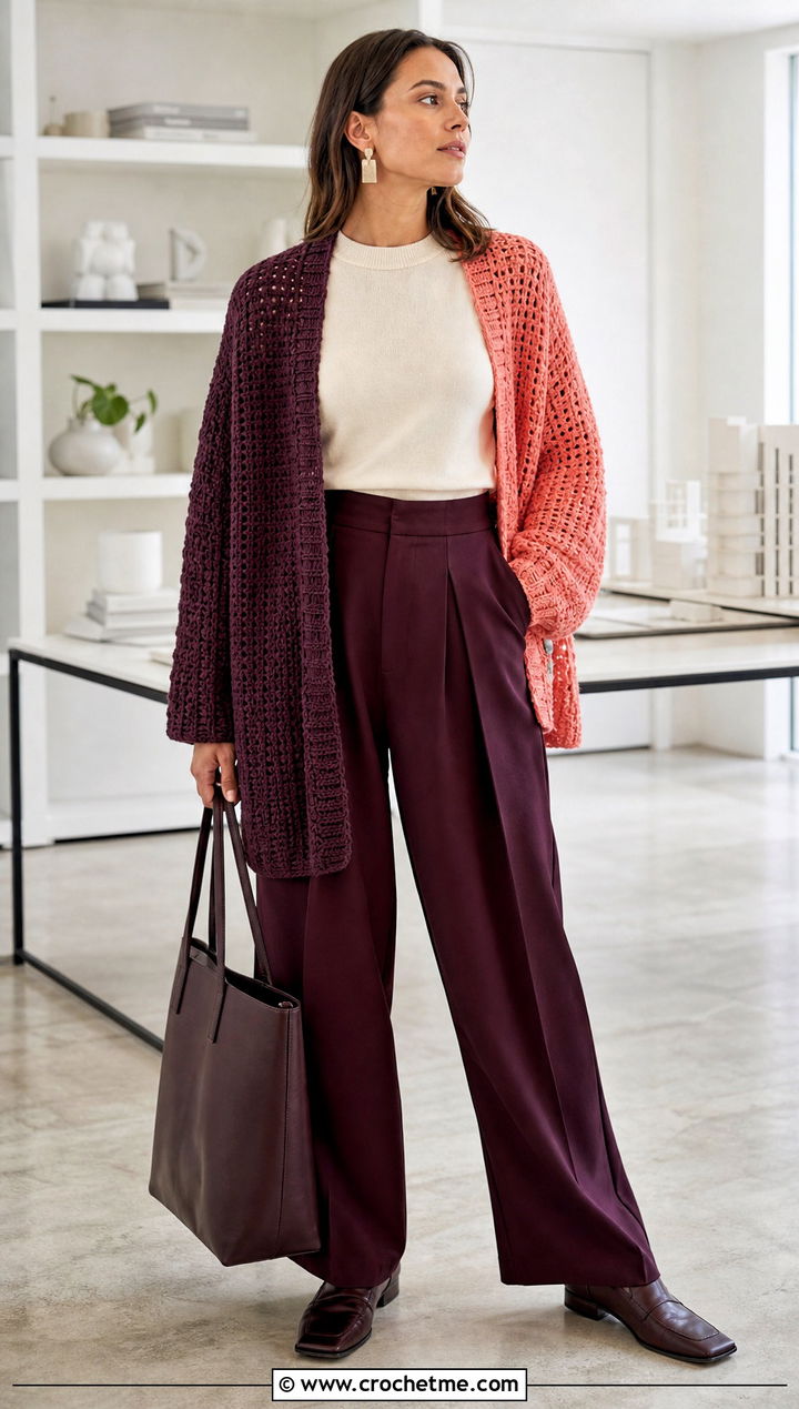Color Block Side To Side Crochet Cardigan With Pleated Trousers - 25 Side To Side Crochet Cardigan outfit ideas