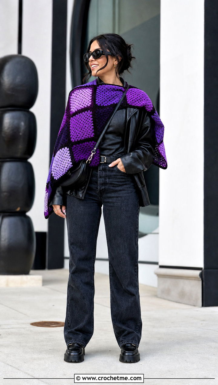 Color Block Sideways Crochet Shawl With Leather Jacket - 25 Sideways Crochet Shawl outfit ideas