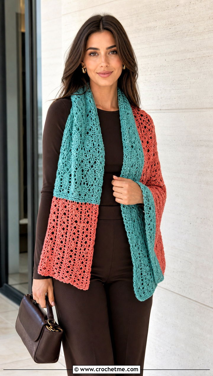 Color Block Sleeve Scarf With Monochrome Basics - 25 crochet double sleeve scarf outfit ideas