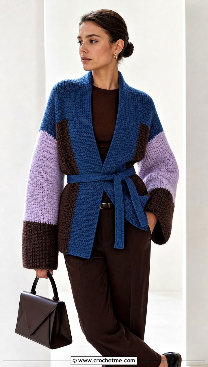 Color Block Sleeved Wrap With Monochrome Basics - 20 crochet scarf with arms outfit ideas