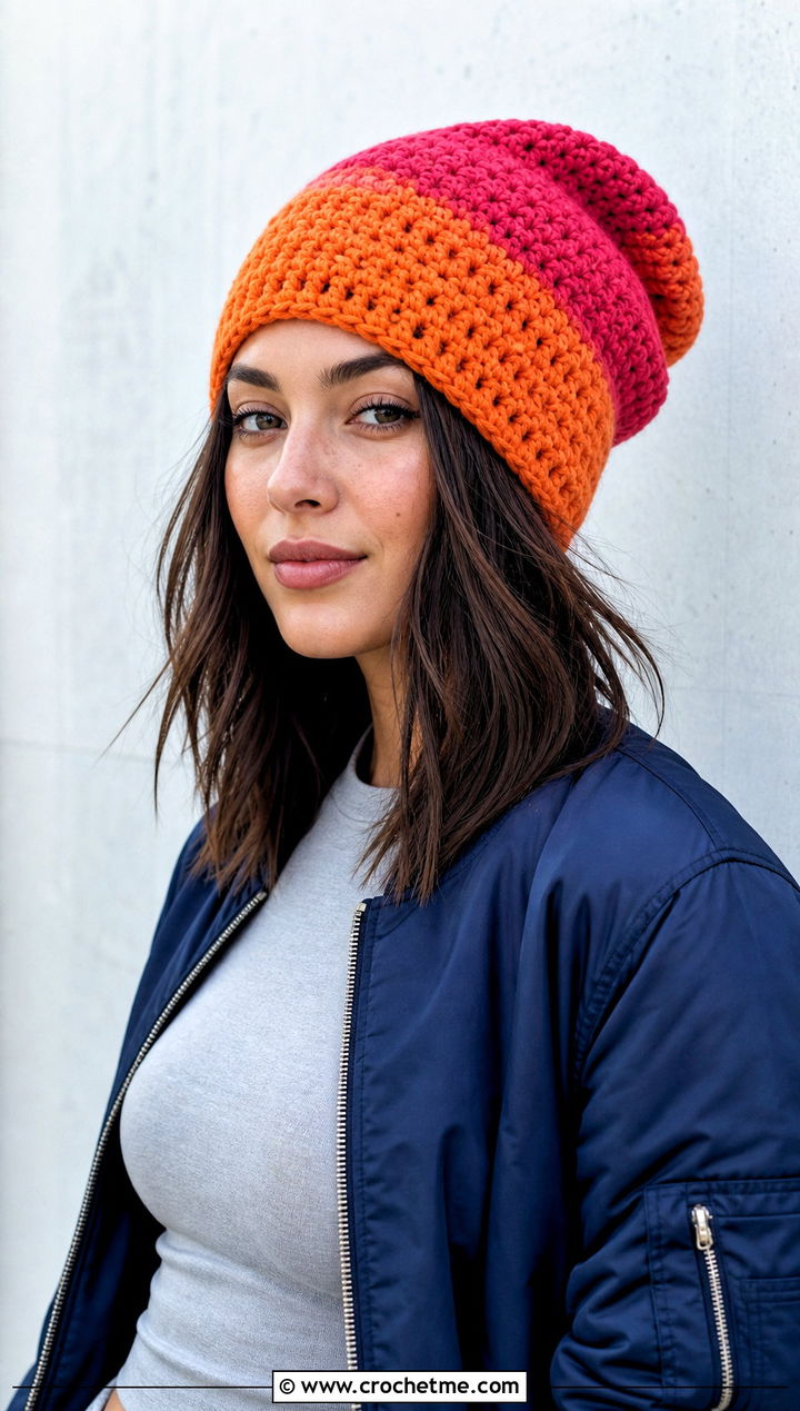 Color Block Slouch Crochet Beanie With Bomber Jacket - 30 slouch crochet beanie outfit ideas