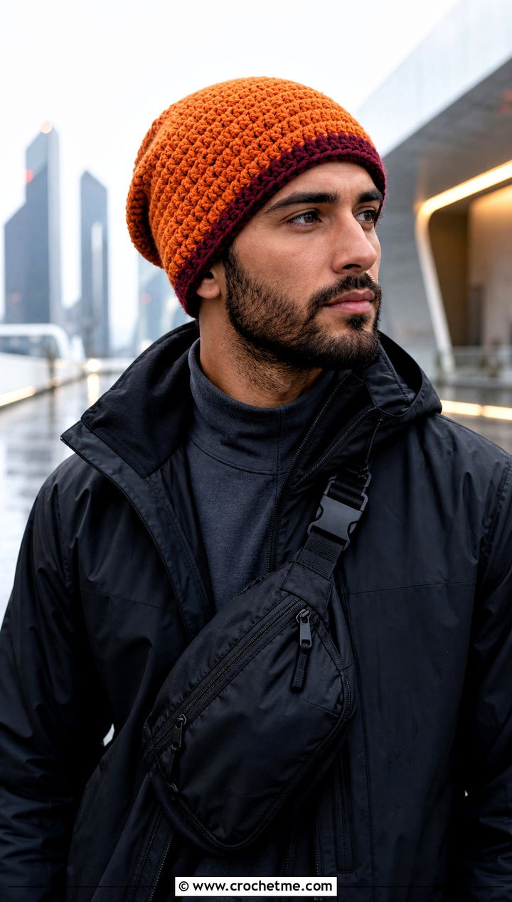 Color Block Slouch Crochet Beanie With Techwear Jacket - 20 Mens Slouch Crochet Beanie outfit ideas
