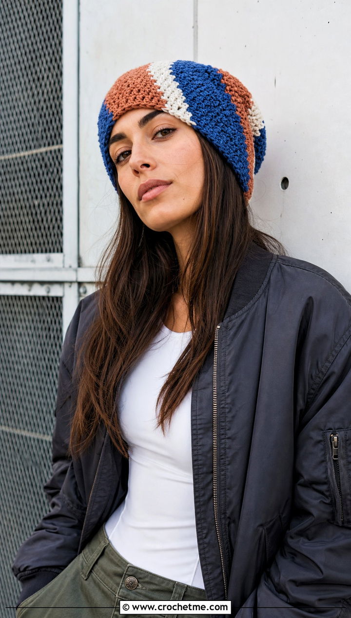 Color Block Slouch Crochet Hat With Cargo Pants - 30 slouch crochet hat outfit ideas