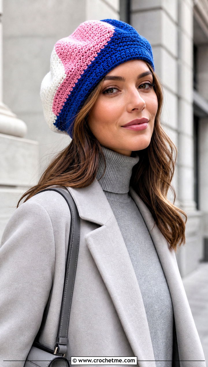 Color Block Slouchy Crochet Beret With Monochrome Outfit - 25 Slouchy Crochet Beret outfit ideas