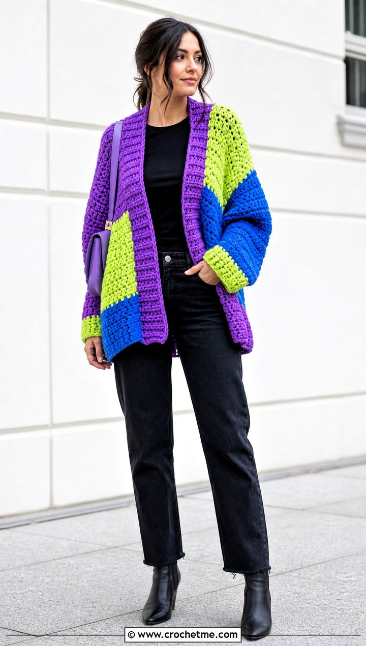 Color Block Slouchy Crochet Cardigan With Black Basics - 25 Slouchy Crochet Cardigan outfit ideas