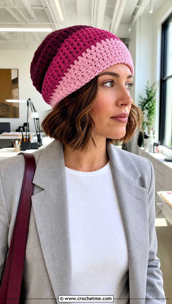 Color Block Slouchy Crochet Hat With Minimalist Suit - 15 Slouchy Crochet Hat outfit ideas