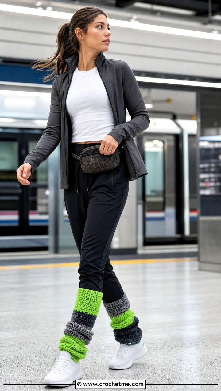 Color Block Slouchy Crochet Leg Warmers With Track Pants - 25 Slouchy Crochet Leg Warmers outfit ideas
