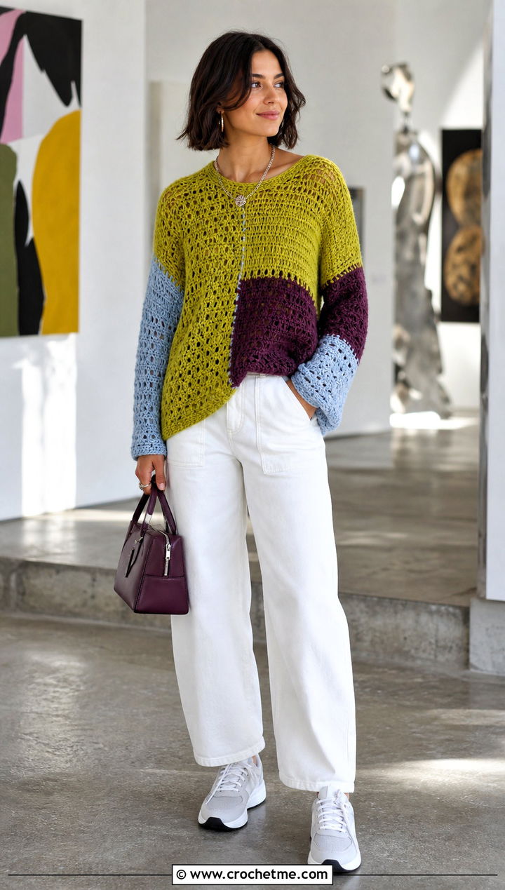 Color Block Slouchy Crochet Sweater With White Jeans - 25 slouchy crochet sweater outfit ideas