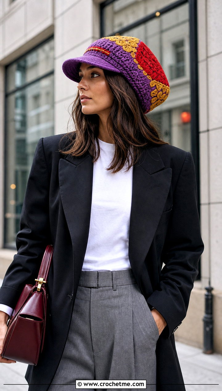 Color Block Slouchy Mahomes Hat With Blazer - 15 Crochet Mahomes Hat outfit ideas