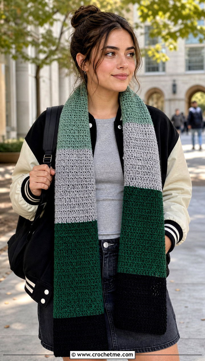 Color Block Slytherin Crochet Scarf With Varsity Jacket - 30 slytherin crochet scarf outfit ideas