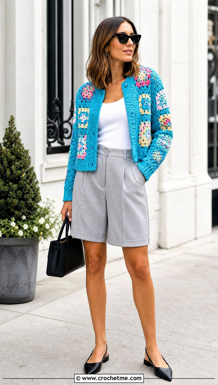 Color Block Small Granny Square Cardigan With Bermuda Shorts - 25 Small Granny Square Cardigan outfit ideas