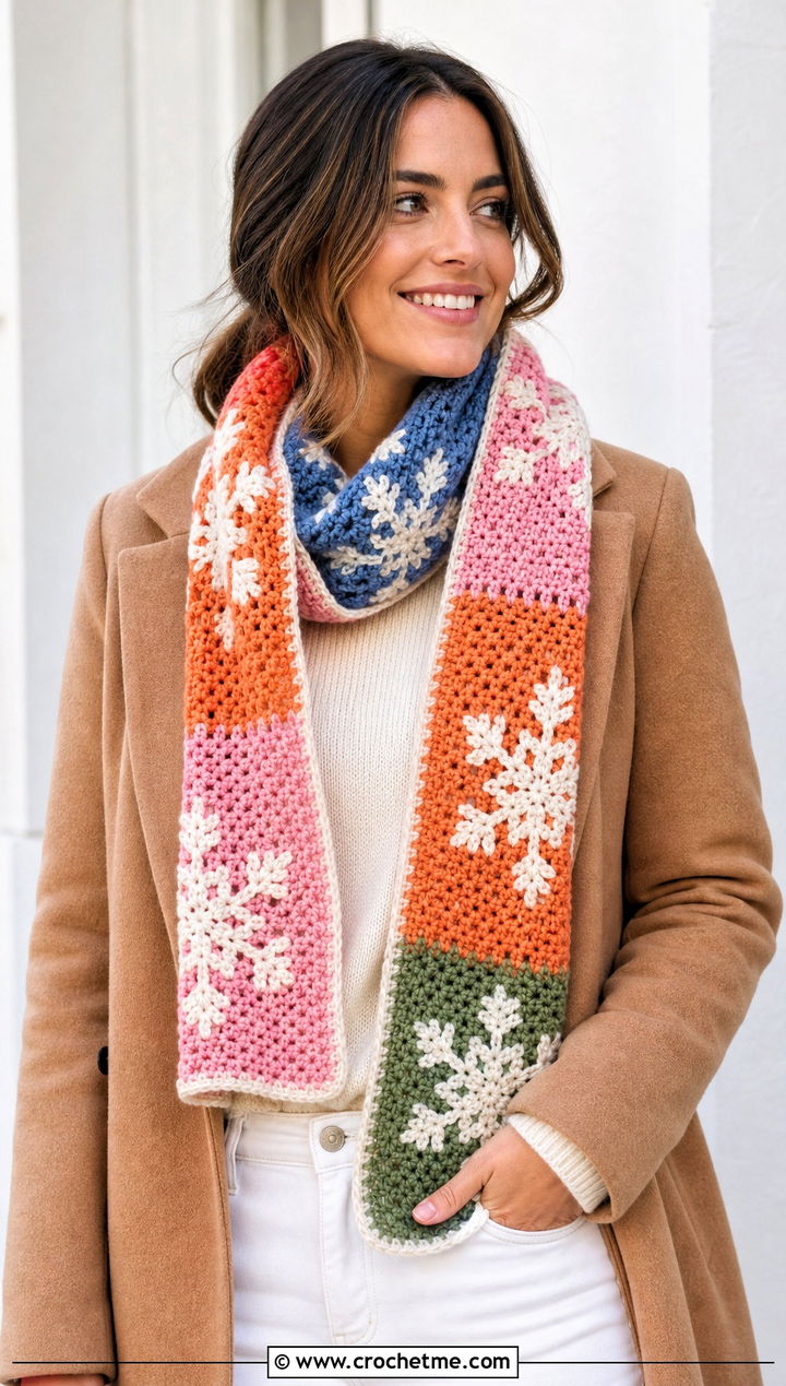 Color Block Snowflake Crochet Scarf With Neutral Basics - 25 Snowflake Crochet Scarf outfit ideas