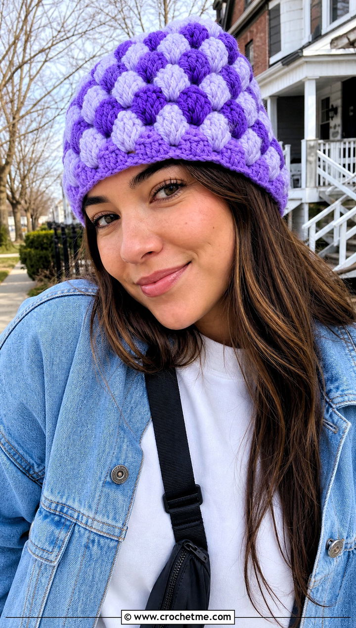 Color Block Snowy Puff Crochet Hat With Denim Jacket - 15 snowy puff crochet hat outfit ideas