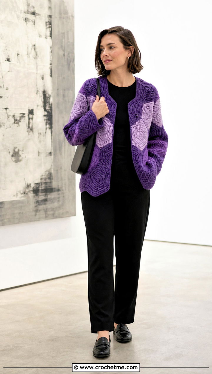 Color Block Solid Hexagon Cardigan With Black Basics - 30 crochet solid hexagon cardigan outfit ideas