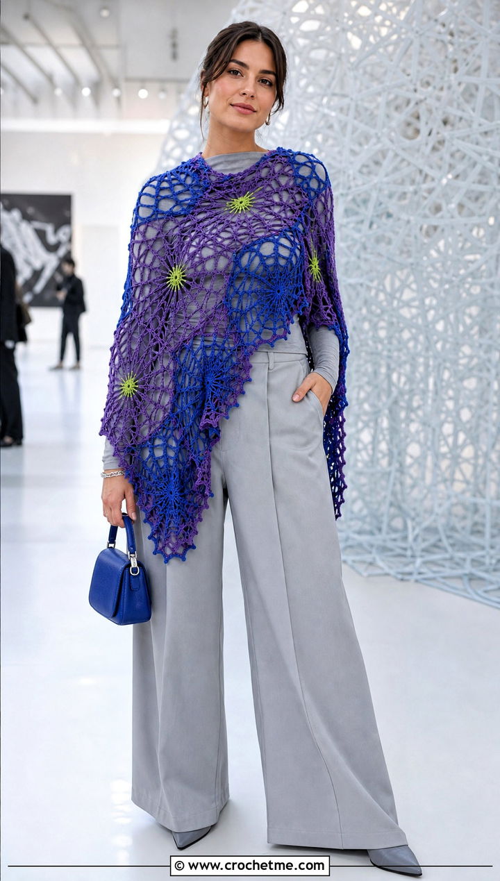 Color Block Spiderweb Crochet Shawl With Monochrome Outfit - 30 spiderweb crochet shawl outfit ideas