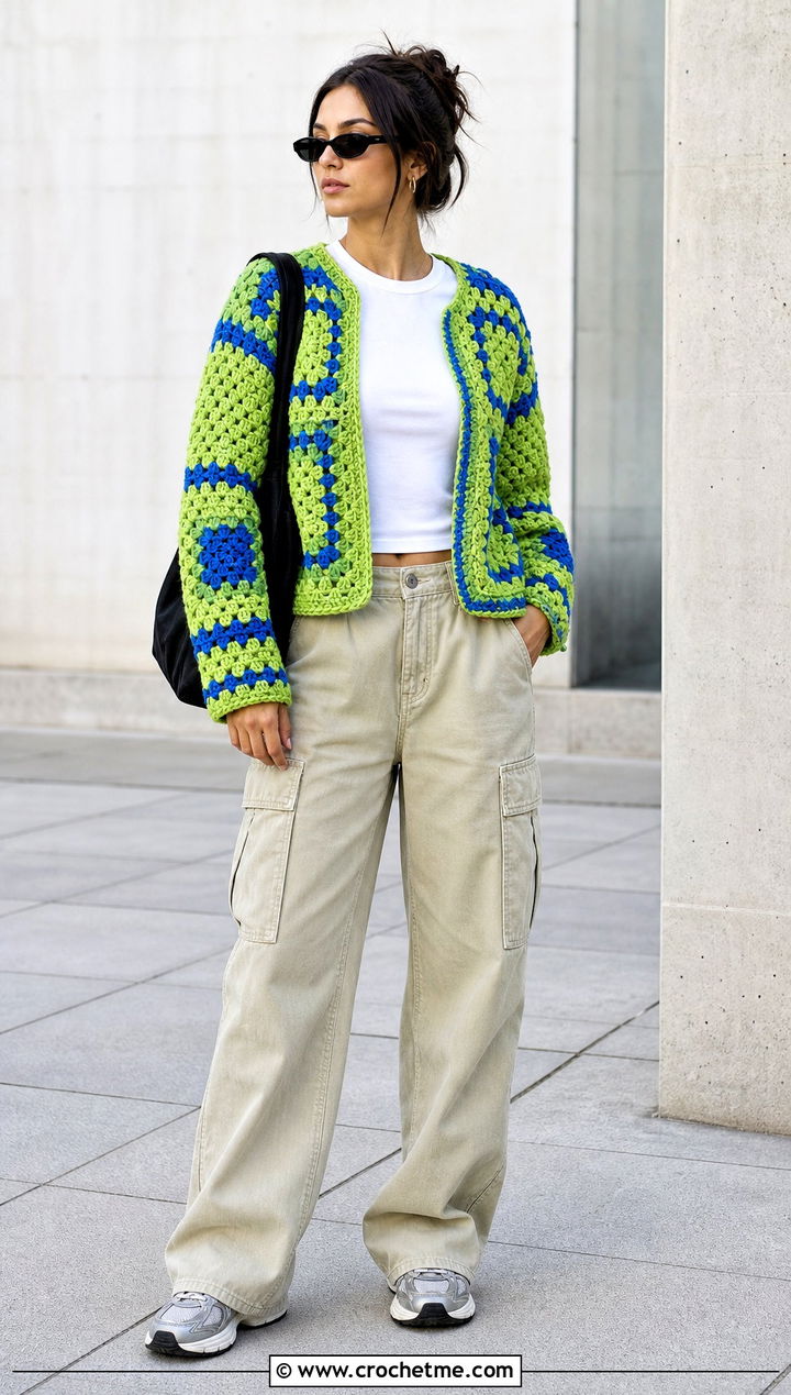 Color Block Square Crochet Sweater With Cargo Pants - 25 Square Crochet Sweater outfit ideas