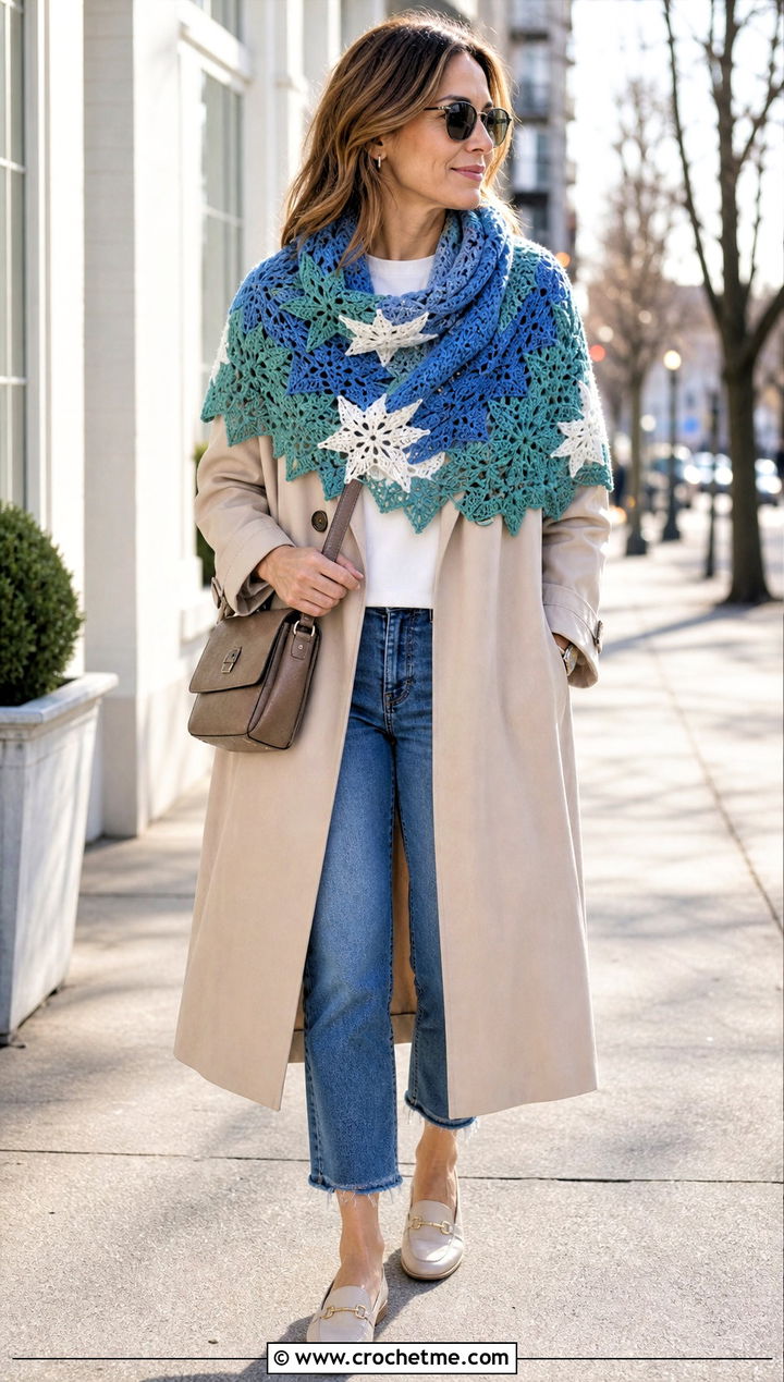 Color Block Star Crochet Shawl With Trench Coat - 30 star crochet shawl outfit ideas