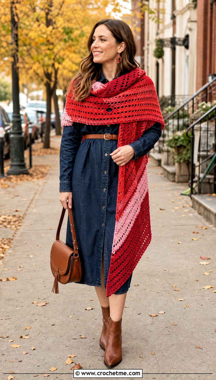 Color Block Stitch Crochet Shawl With A Denim Dress - 15 Block Stitch Crochet Shawl outfit ideas