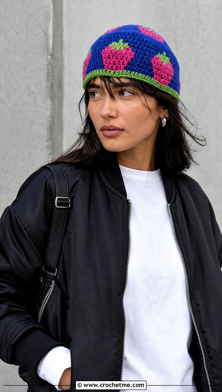 Color Block Strawberry Crochet Beret With Bomber Jacket - 25 strawberry crochet beret outfit ideas