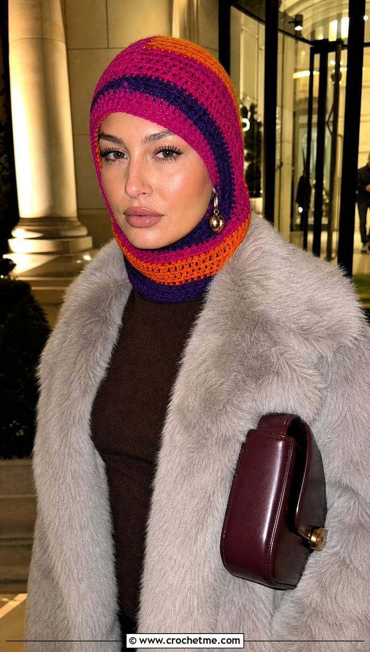 Color Block Stripe Crochet Balaclava With Faux Fur Coat - 15 Striped Crochet Balaclava outfit ideas