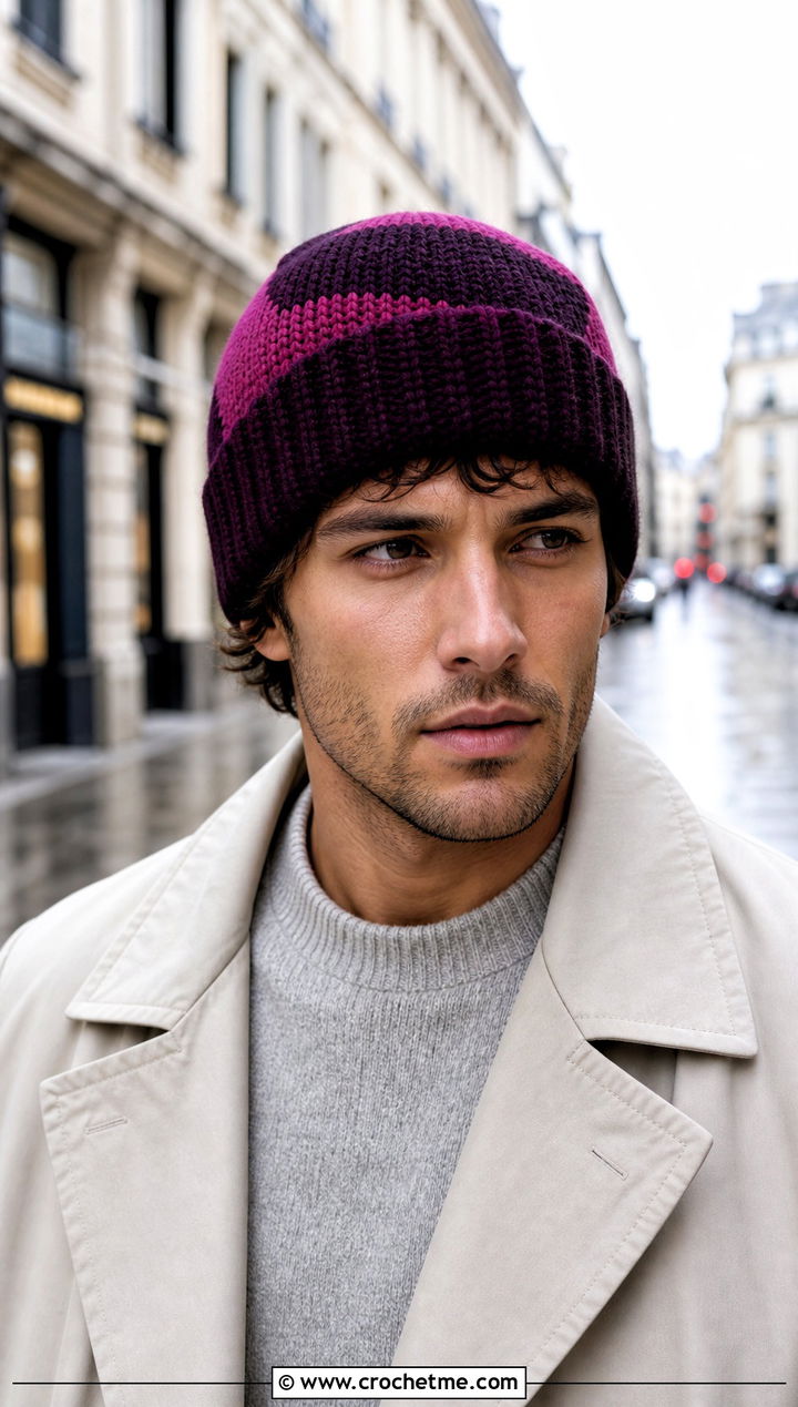 Color Block Stripe Crochet Beanie With Trench Coat - 15 mens striped crochet beanie outfit ideas