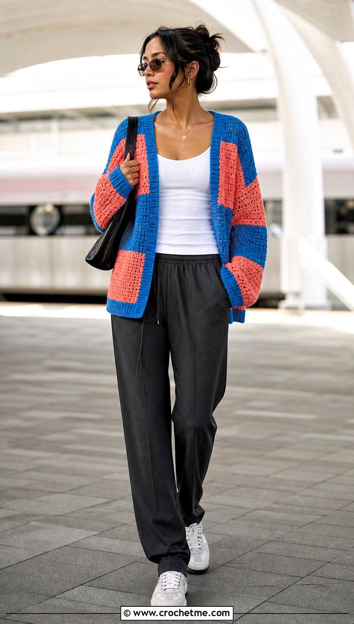 Color Block Stripe Crochet Cardigan With Track Pants - 35 crochet striped cardigan outfit ideas