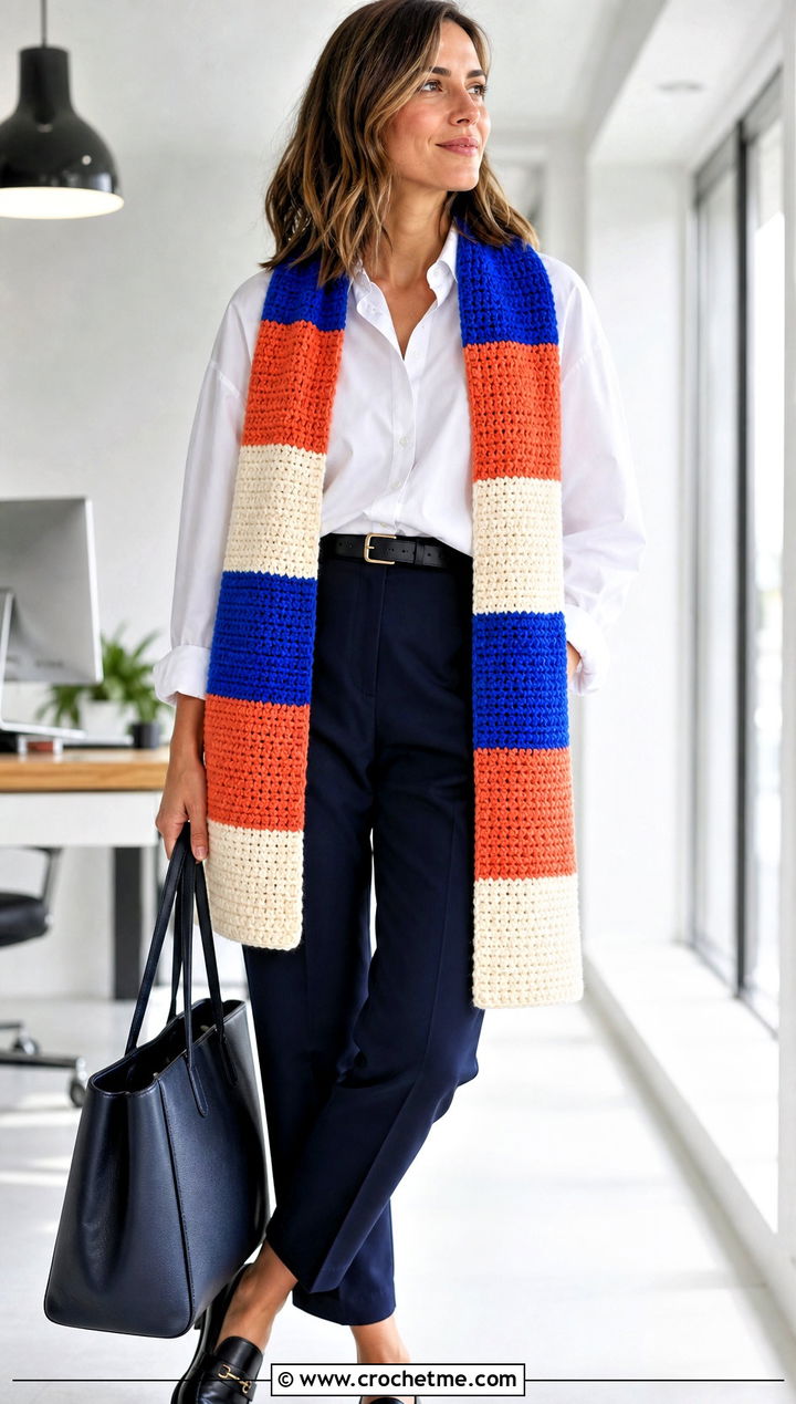 Color Block Stripe Crochet Scarf With White Shirt - 30 Stripe Crochet Scarf outfit ideas