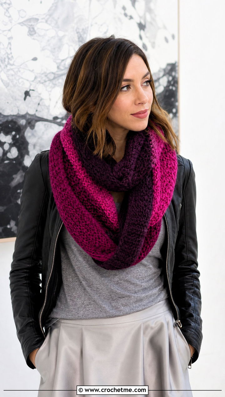 Color Block Striped Crochet Infinity Scarf With Leather Jacket - 15 Striped Crochet Infinity Scarf outfit ideas