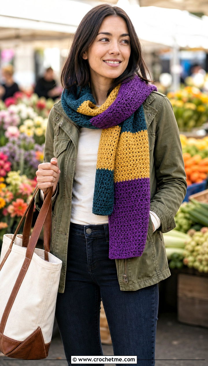 Color Block Striped Crochet Scarf With Utility Jacket - 30 striped crochet scarf outfit ideas