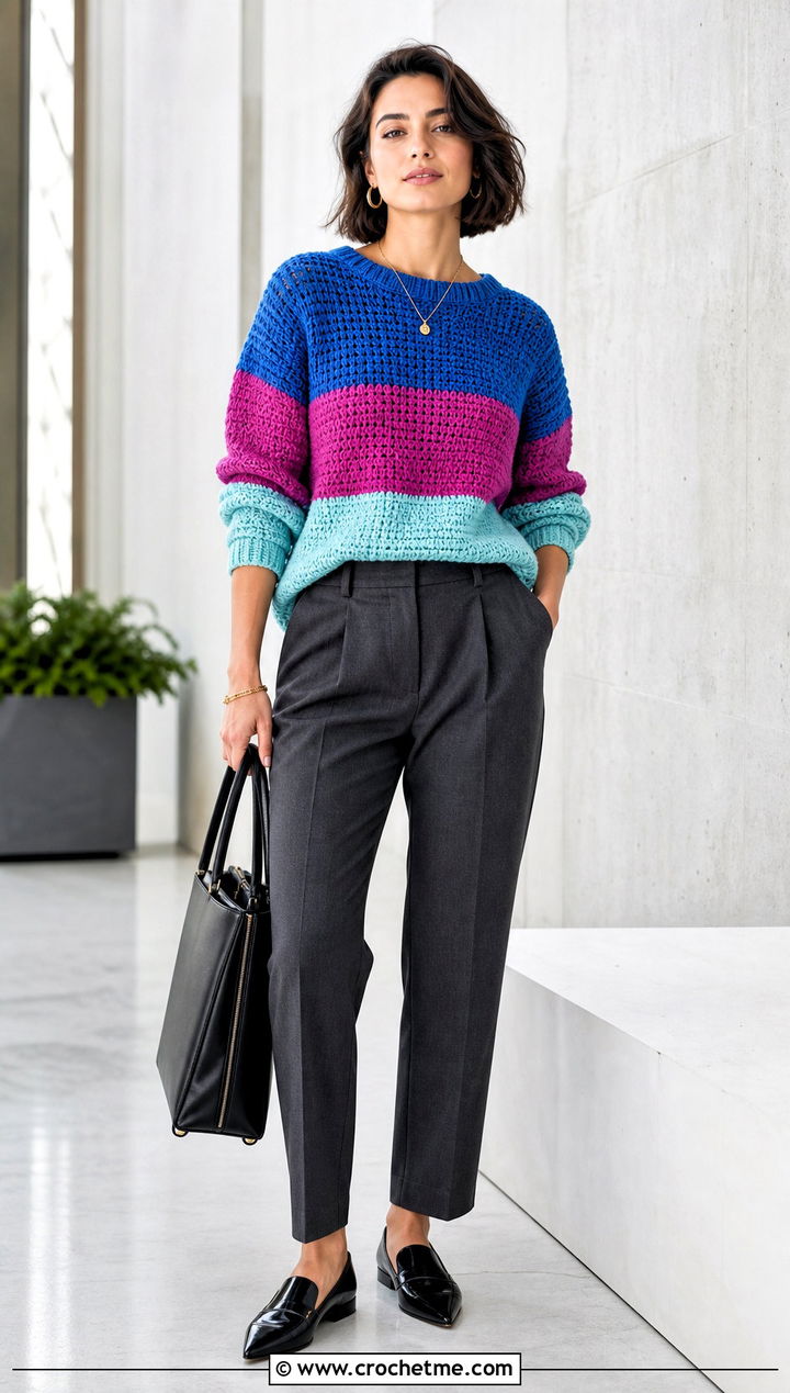 Color Block Striped Crochet Sweater With Suit Trousers - 30 striped crochet sweater outfit ideas
