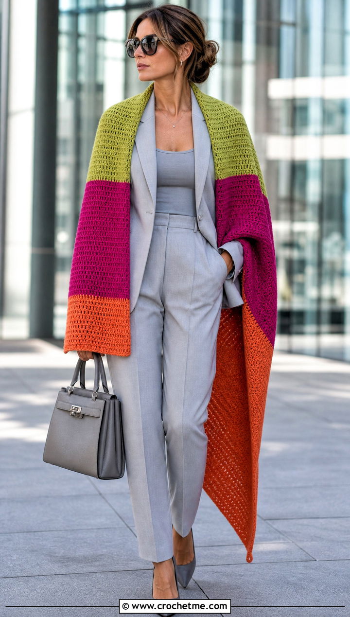 Color Block Striped Wrap With Monochrome Suit - 15 Colorful Striped Crochet Wrap outfit ideas