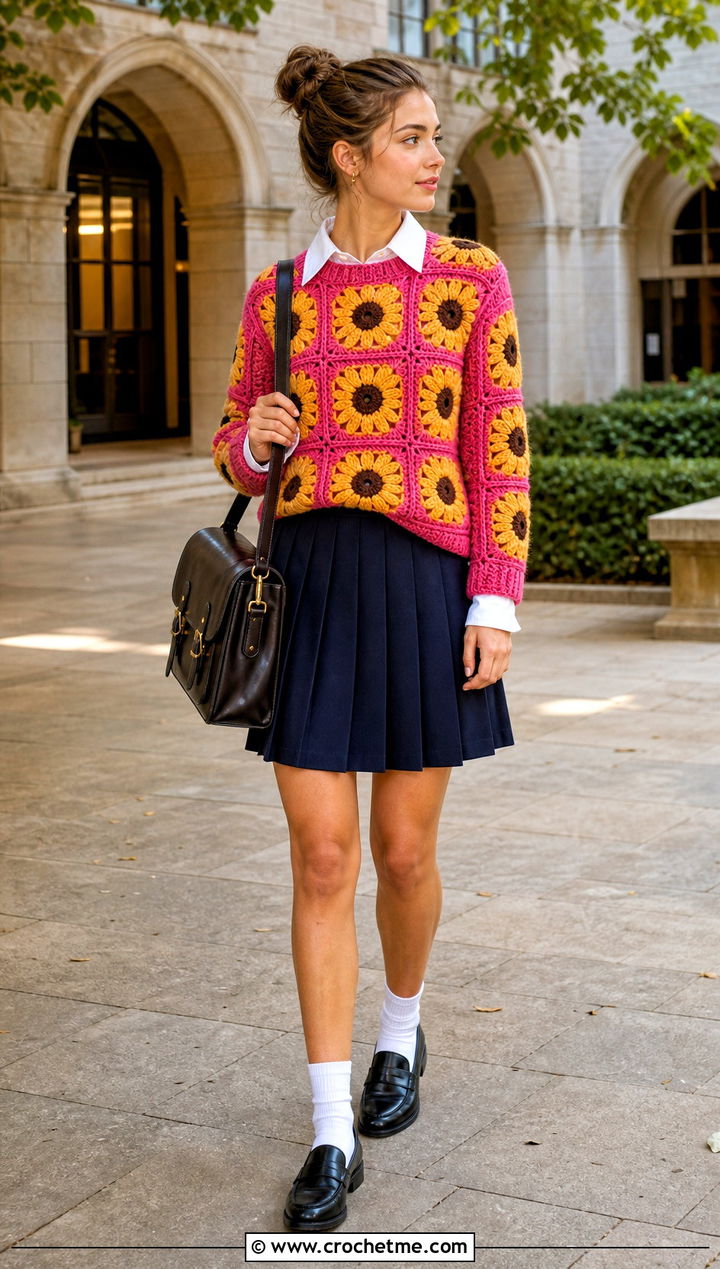 Color Block Sunflower Granny Square Pullover Sweater With Pleated Skirt - 15 Sunflower Granny Square Pullover Sweater outfit ideas