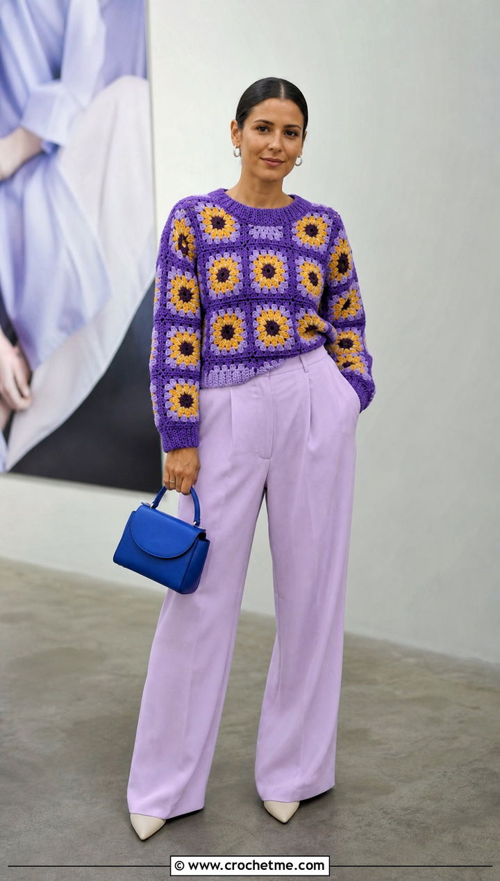 Color Block Sunflower Granny Square Sweater With Matching Trousers - 30 sunflower granny square sweater outfit ideas