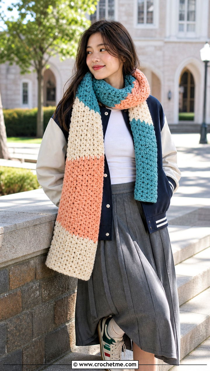 Color Block Super Bulky Crochet Scarf With Varsity Jacket - 15 Super Bulky Crochet Scarf outfit ideas