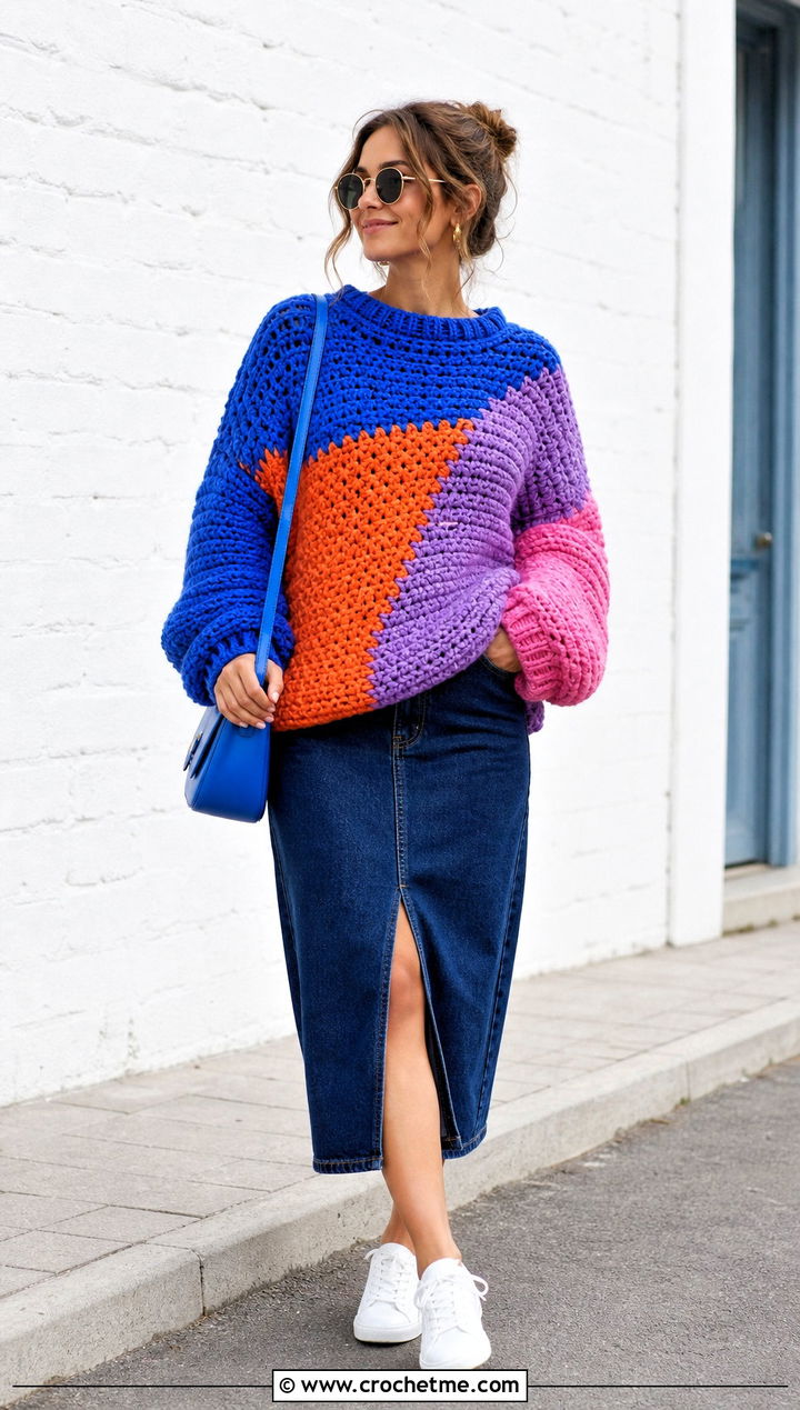 Color Block Super Bulky Crochet Sweater With Denim Midi Skirt - 25 Super Bulky Crochet Sweater outfit ideas